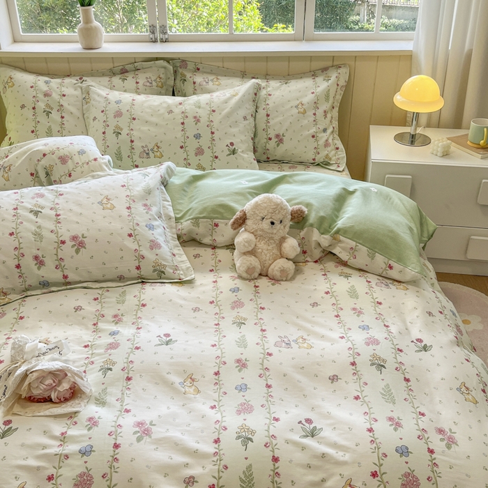 91家纺网 家纺一手货源 找家纺 菲梵家纺 2025新款喷气小清新全棉印花四件套（预留缩水） 田园兔