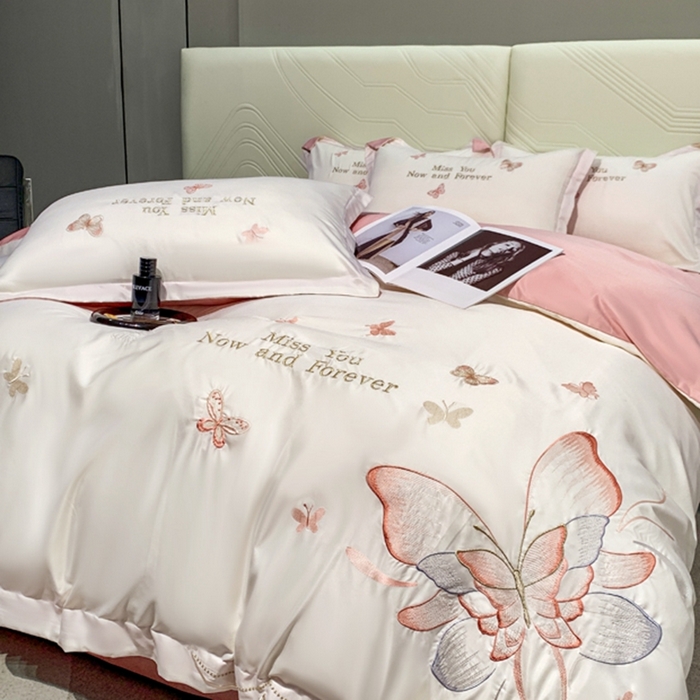 91家纺网 家纺一手货源 找家纺 梧桐家居 2024新款冰丝四件套-蝴蝶 蝴蝶-白粉