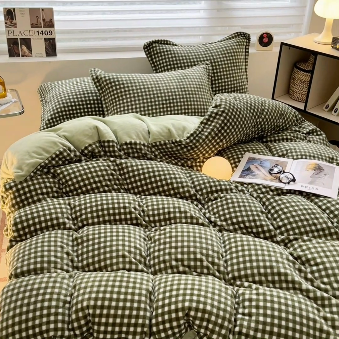 91家纺网 家纺一手货源 找家纺 启程家纺 2024新款无印风A类牛奶绒四件套 小格子-抹茶绿