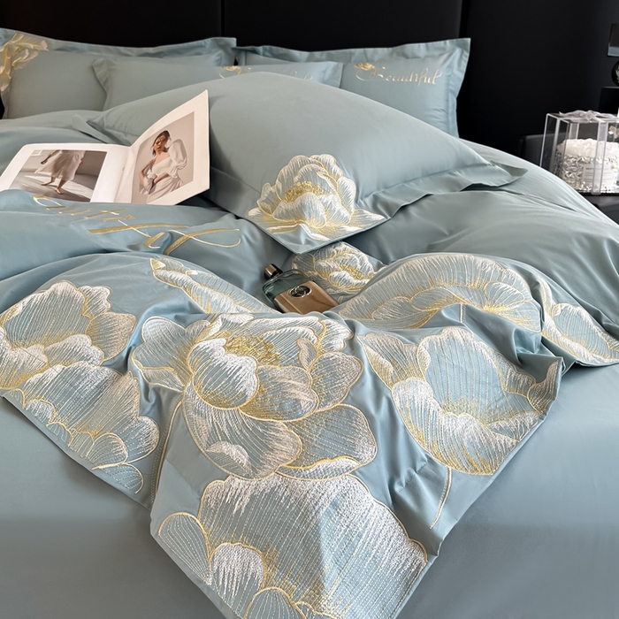 91家纺网 家纺一手货源 找家纺 梧桐家居 2024新款13376全棉四件套-银杏 银杏-飘蓝