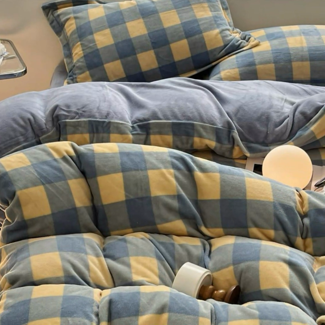 91家纺网 家纺一手货源 找家纺 启程家纺 2024新款无印风A类牛奶绒四件套 大格子-蓝黄