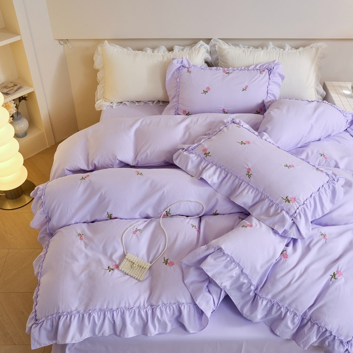 91家纺网 家纺一手货源 找家纺 梧桐家居 2024新款水洗棉四件套-玫瑰 玫瑰-浅紫