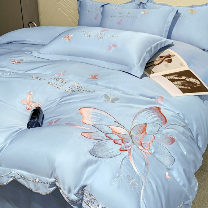 91家纺网 家纺一手货源 找家纺 梧桐家居 2024新款冰丝四件套-蝴蝶 蝴蝶-天蓝