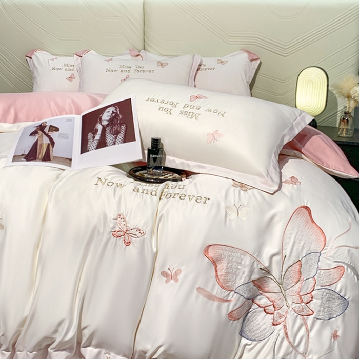 91家纺网 家纺一手货源 找家纺 梧桐家居 2024新款冰丝四件套-蝴蝶 蝴蝶-白粉