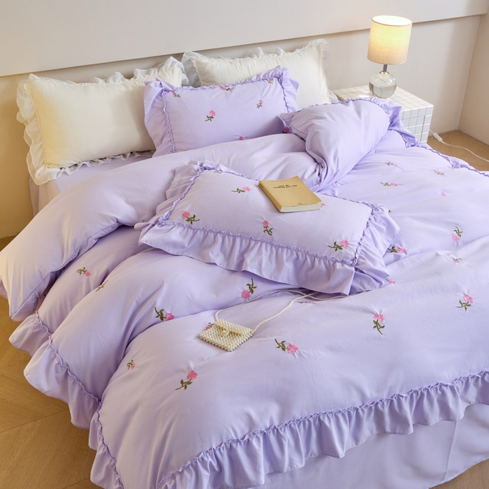 91家纺网 家纺一手货源 找家纺 梧桐家居 2024新款水洗棉四件套-玫瑰 玫瑰-浅紫