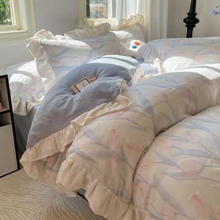 桃子家居 2024新款A类高克重230克3D立体雕花烂花提花着色郁金香少女花边款简单款牛奶绒四件套 绒花边烂花-郁金香清新蓝