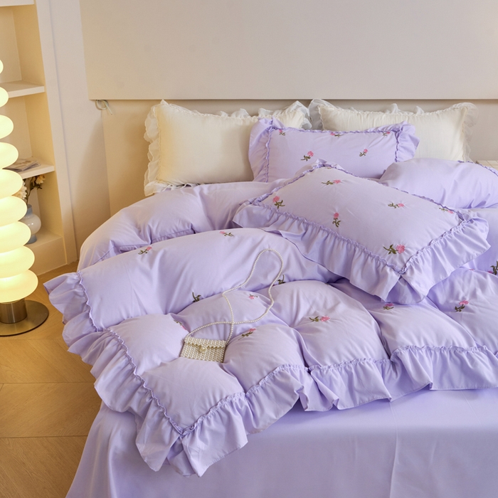 91家纺网 家纺一手货源 找家纺 梧桐家居 2024新款水洗棉四件套-玫瑰 玫瑰-浅紫