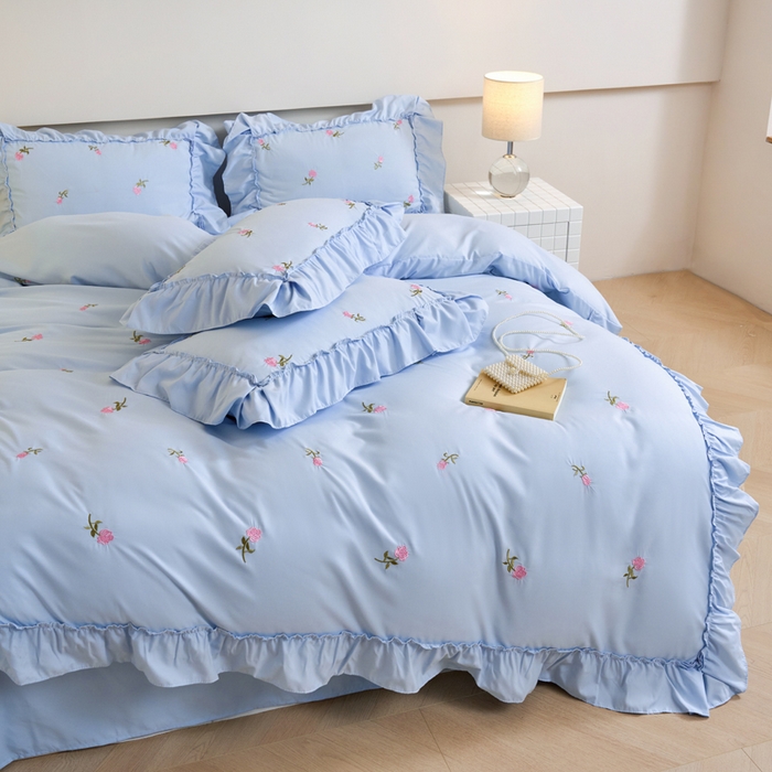 91家纺网 家纺一手货源 找家纺 梧桐家居 2024新款水洗棉四件套-玫瑰 玫瑰-天蓝