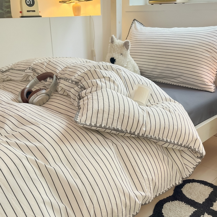 91家纺网 家纺一手货源 找家纺 吉象家纺 2025新款全棉水洗棉三角针学生三件套四件套 时光-横条