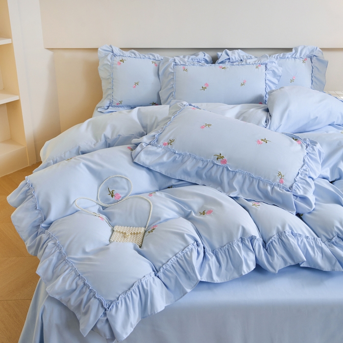 91家纺网 家纺一手货源 找家纺 梧桐家居 2024新款水洗棉四件套-玫瑰 玫瑰-天蓝