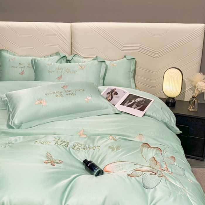 91家纺网 家纺一手货源 找家纺 梧桐家居 2024新款冰丝四件套-蝴蝶 蝴蝶-浅绿