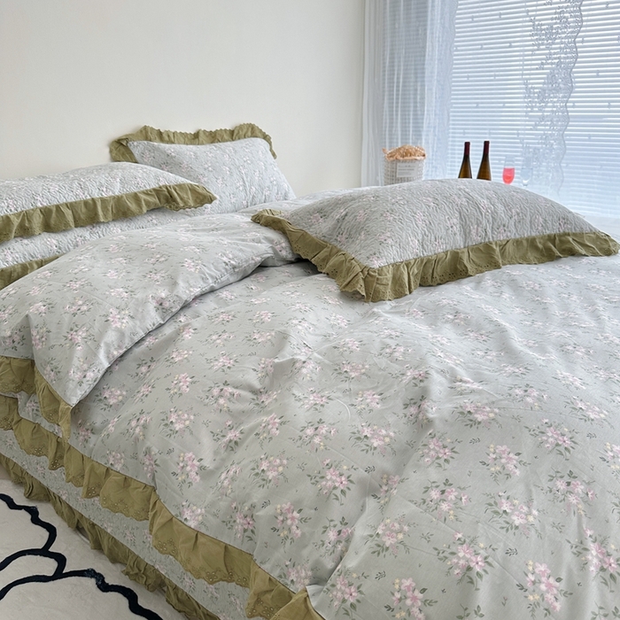 91家纺网 家纺一手货源 找家纺 佰织鑫家居 2024新款全棉法式床盖款四件套 莫奈绿