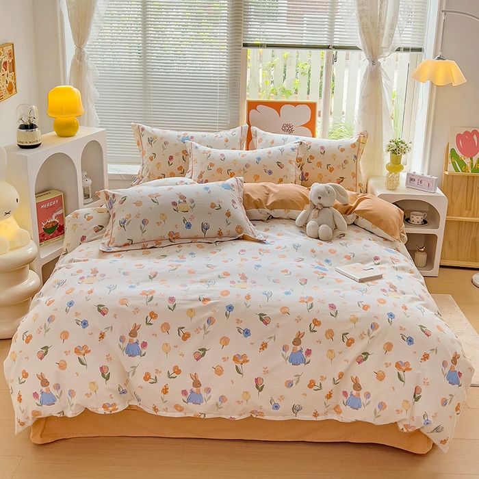 91家纺网 家纺一手货源 找家纺 2024新款全棉印花磨毛系列四件套 小兔庄园