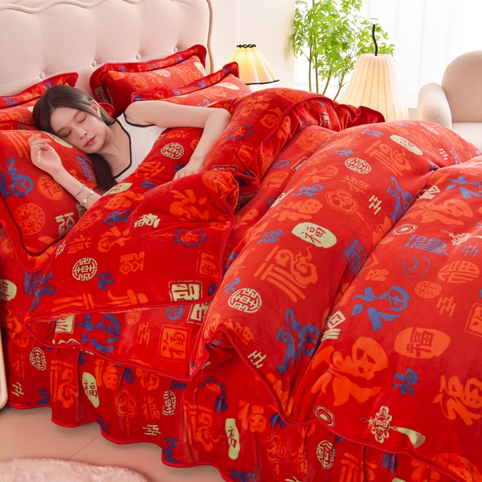 91家纺网 家纺一手货源 找家纺 德比尔斯 2025新款牛奶绒床裙四件套8-9斤法莱绒直播爆款日产2万套百福