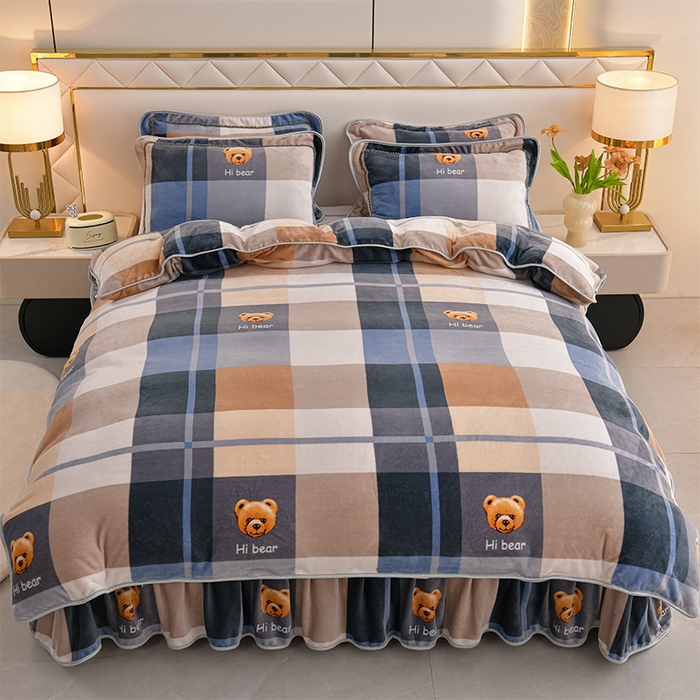 91家纺网 家纺一手货源 找家纺 爱洛家纺 2024新款高克重牛奶绒印花四件套 格子熊