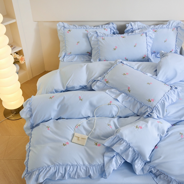 91家纺网 家纺一手货源 找家纺 梧桐家居 2024新款水洗棉四件套-玫瑰 玫瑰-天蓝