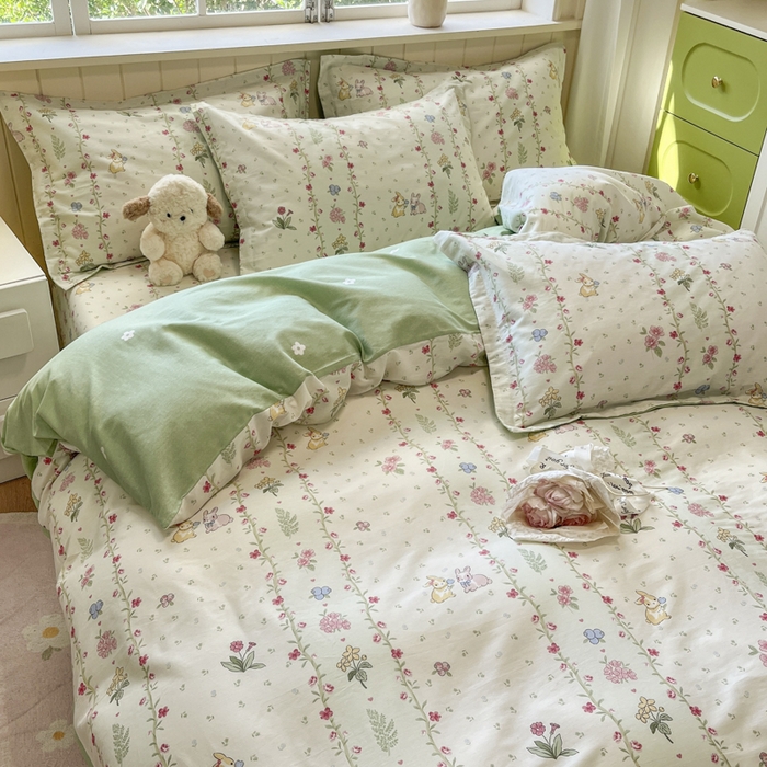 91家纺网 家纺一手货源 找家纺 菲梵家纺 2025新款喷气小清新全棉印花四件套（预留缩水） 田园兔