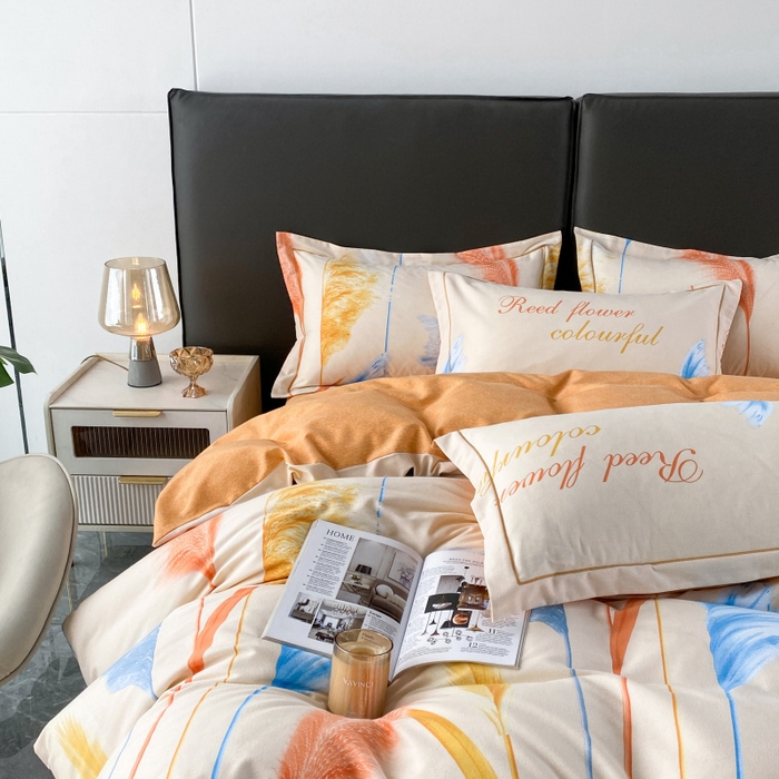 91家纺网 家纺一手货源 找家纺 2024新款全棉印花磨毛系列四件套 幸运草 桔