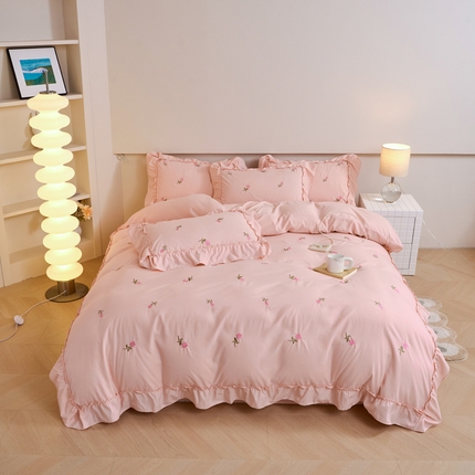 91家纺网 家纺一手货源 找家纺 梧桐家居 2024新款水洗棉四件套-玫瑰 玫瑰-浅粉
