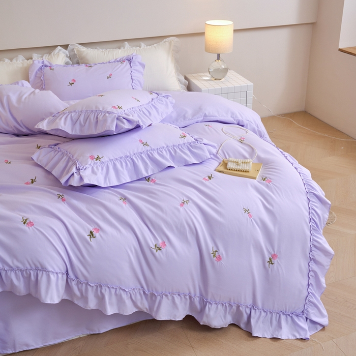 91家纺网 家纺一手货源 找家纺 梧桐家居 2024新款水洗棉四件套-玫瑰 玫瑰-浅紫