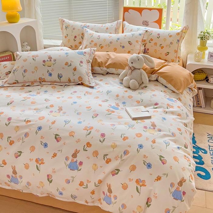 91家纺网 家纺一手货源 找家纺 2024新款全棉印花磨毛系列四件套 小兔庄园