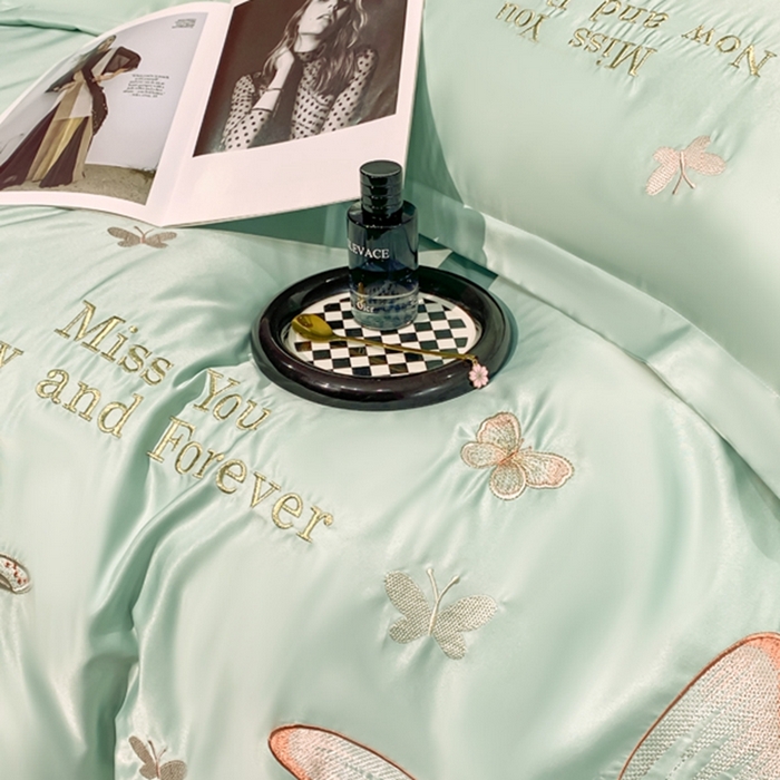 91家纺网 家纺一手货源 找家纺 梧桐家居 2024新款冰丝四件套-蝴蝶 蝴蝶-浅绿