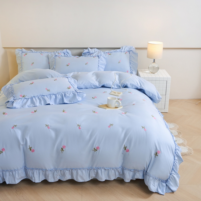 91家纺网 家纺一手货源 找家纺 梧桐家居 2024新款水洗棉四件套-玫瑰 玫瑰-天蓝