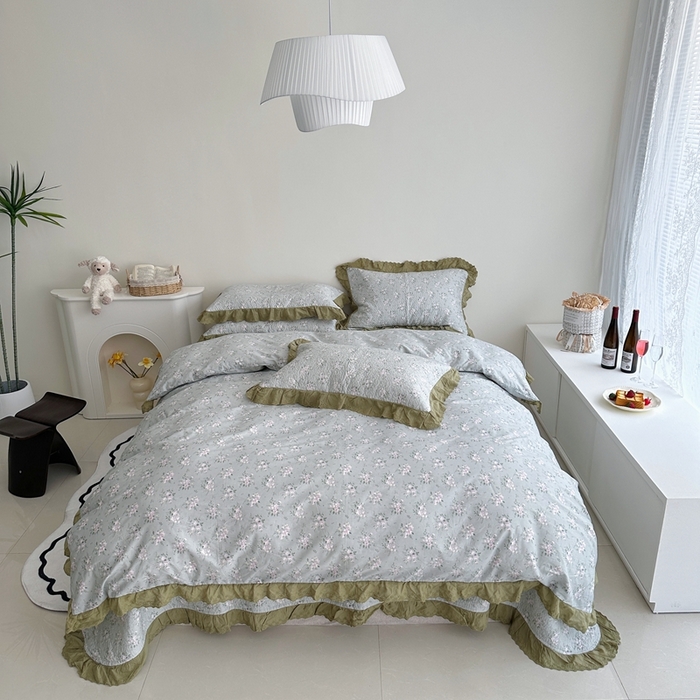 91家纺网 家纺一手货源 找家纺 佰织鑫家居 2024新款全棉法式床盖款四件套 莫奈绿