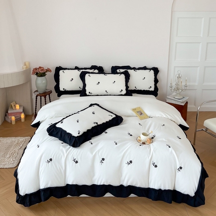 梧桐家居 2024新款水洗棉四件套-玫瑰 玫瑰-白黑