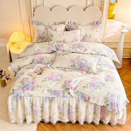 91家纺网 家纺一手货源 找家纺 美达家纺 2025新款亲肤舒适全棉公主风单床裙四件套 假日玫瑰-米