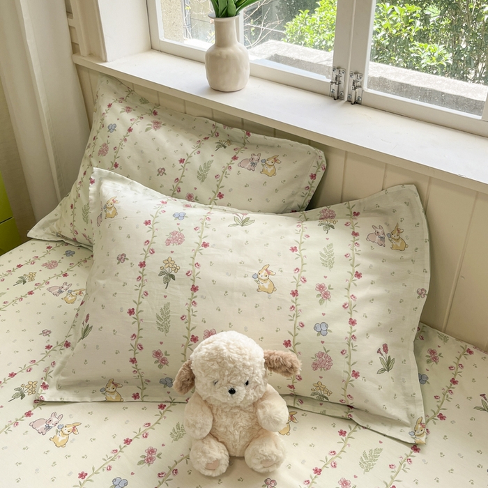 91家纺网 家纺一手货源 找家纺 菲梵家纺 2025新款喷气小清新全棉印花四件套（预留缩水） 田园兔