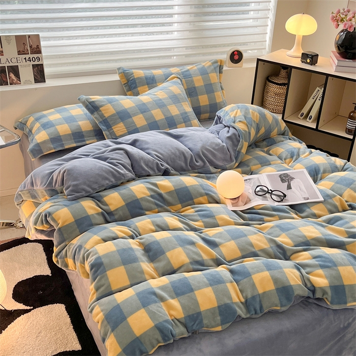 91家纺网 家纺一手货源 找家纺 启程家纺 2024新款无印风A类牛奶绒四件套 大格子-蓝黄