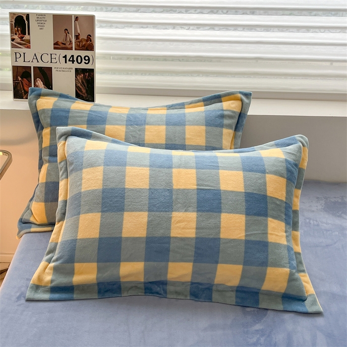 91家纺网 家纺一手货源 找家纺 启程家纺 2024新款无印风A类牛奶绒四件套 大格子-蓝黄