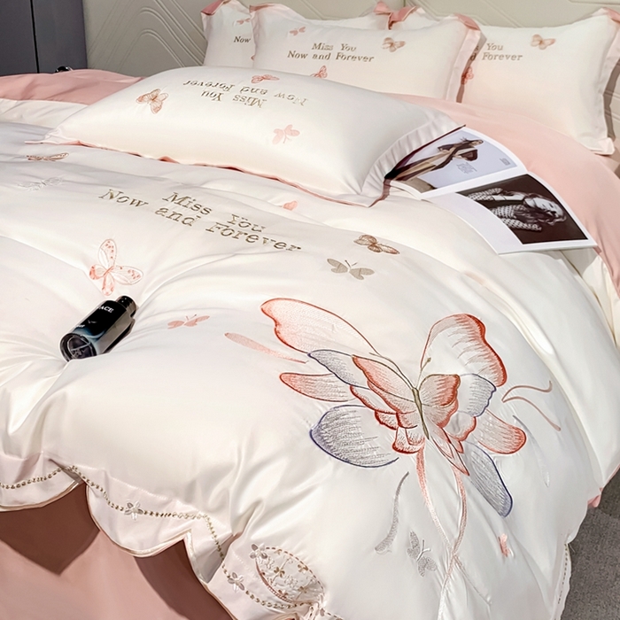 91家纺网 家纺一手货源 找家纺 梧桐家居 2024新款冰丝四件套-蝴蝶 蝴蝶-白粉