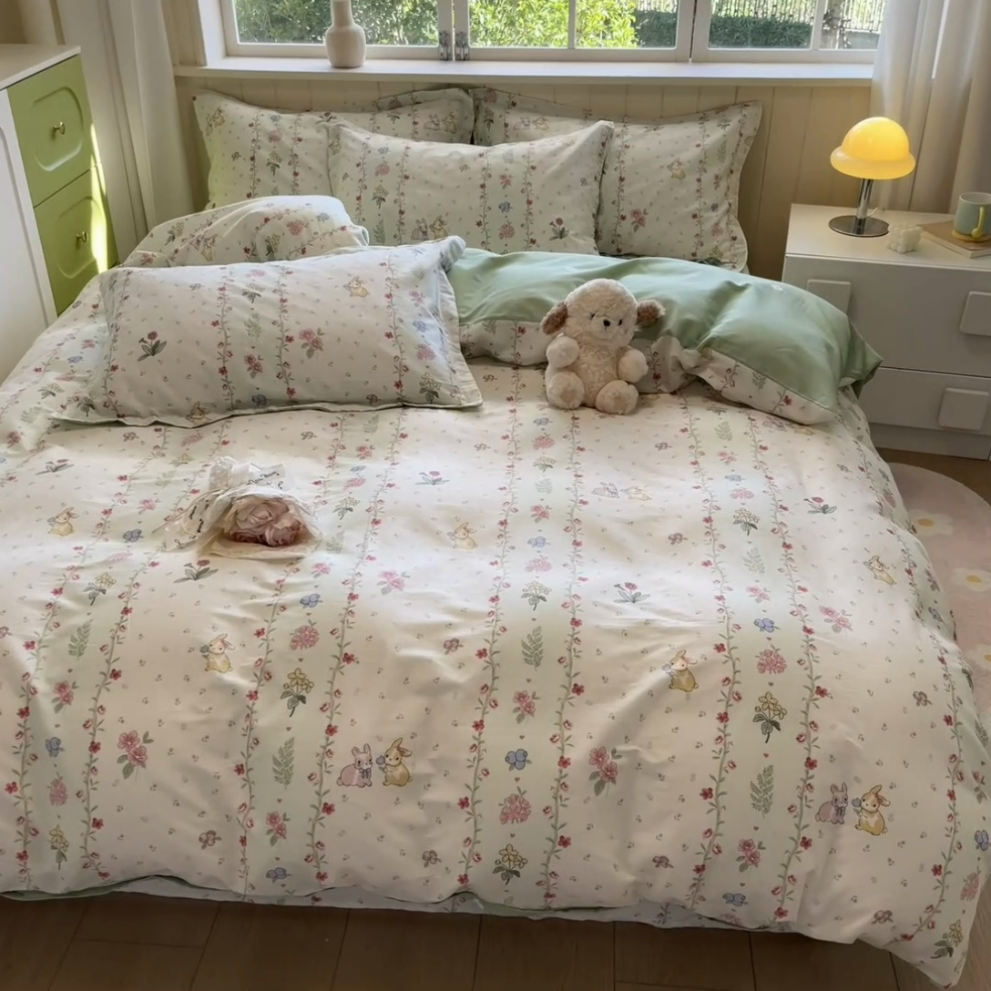 91家纺网 家纺一手货源 找家纺 菲梵家纺 2025新款喷气小清新全棉印花四件套（预留缩水） 田园兔