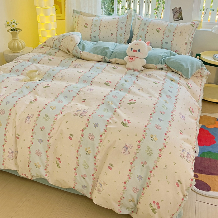 91家纺网 家纺一手货源 找家纺 2024新款全棉印花磨毛系列四件套 花花仙兔