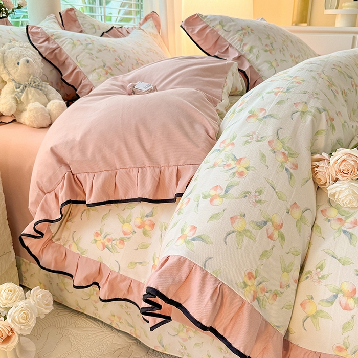 91家纺网 家纺一手货源 找家纺 韩约家纺 2024秋冬加厚1针织棉时尚花边款四件套 蜜桃