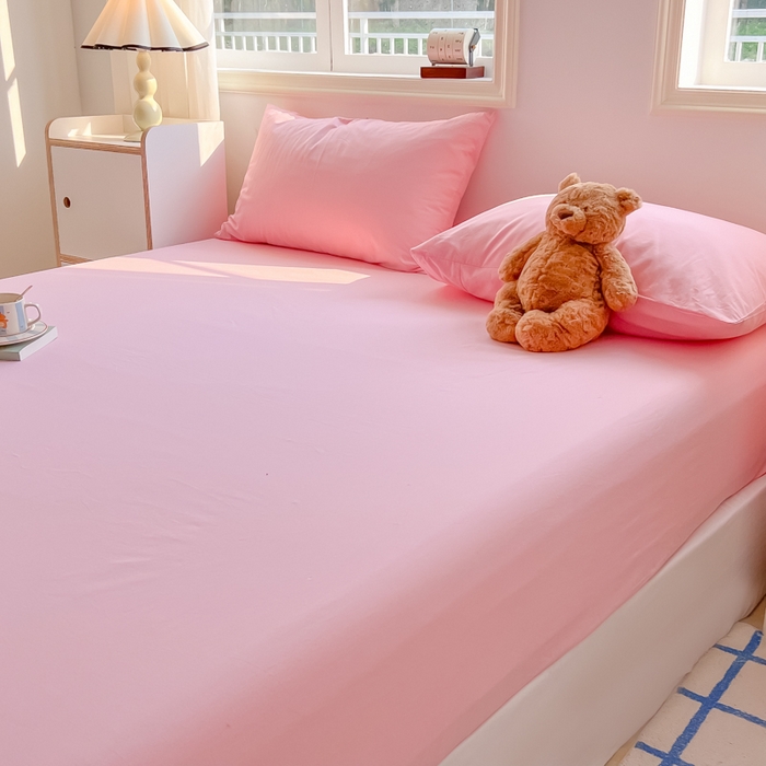 91家纺网 家纺一手货源 找家纺 韩巢家纺 2024新款A类纯色良品格子水洗棉床笠单件全包围防滑床单床罩保护套 A类粉色-床笠