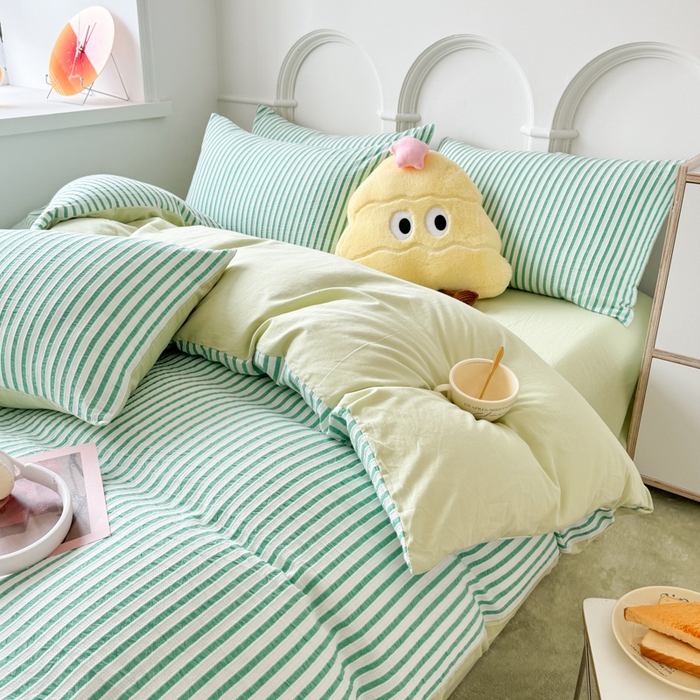 91家纺网 家纺一手货源 找家纺 千朵 2024新款色织提花水洗棉四件套 青春绿