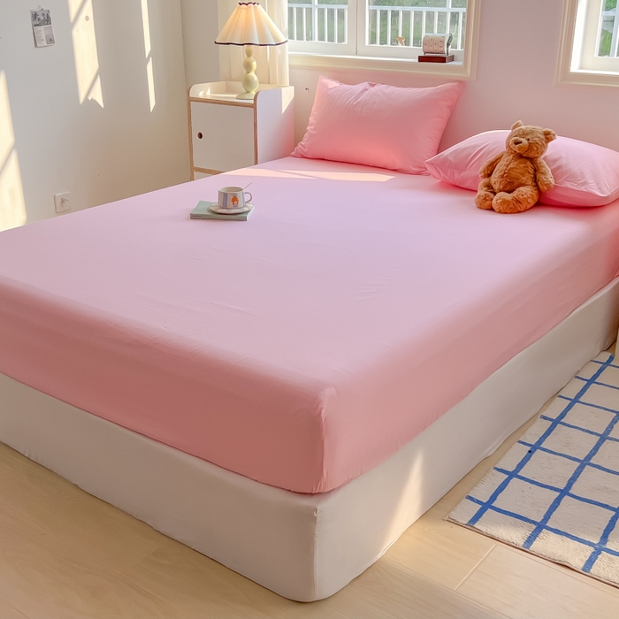 91家纺网 家纺一手货源 找家纺 韩巢家纺 2024新款A类纯色良品格子水洗棉床笠单件全包围防滑床单床罩保护套 A类粉色-床笠