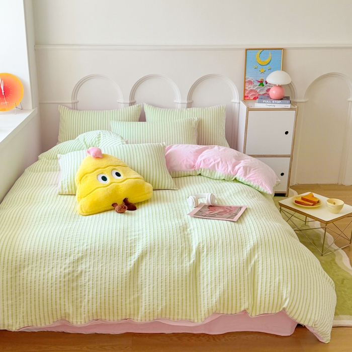 91家纺网 家纺一手货源 找家纺 千朵 2024新款色织提花水洗棉四件套 绿粉