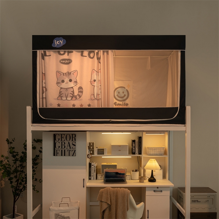 91家纺网 家纺一手货源 找家纺 新太阳蚊帐 2025新款大空间卡通印花窗帘款学生宿舍涂层强遮光加密网纱蚊帐 三只小猫