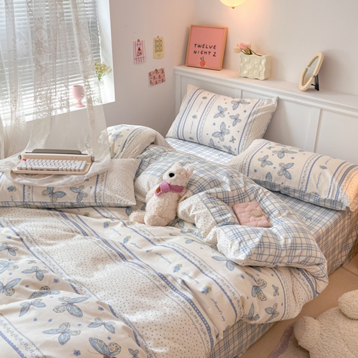 91家纺网 家纺一手货源 找家纺 2024新款全棉舒适印花四件套 蓝蝶