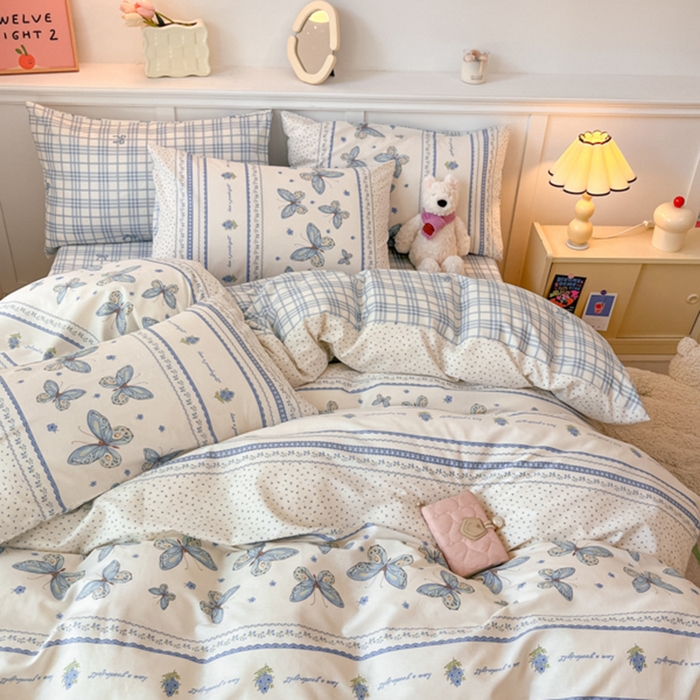 91家纺网 家纺一手货源 找家纺 2024新款全棉舒适印花四件套 蓝蝶