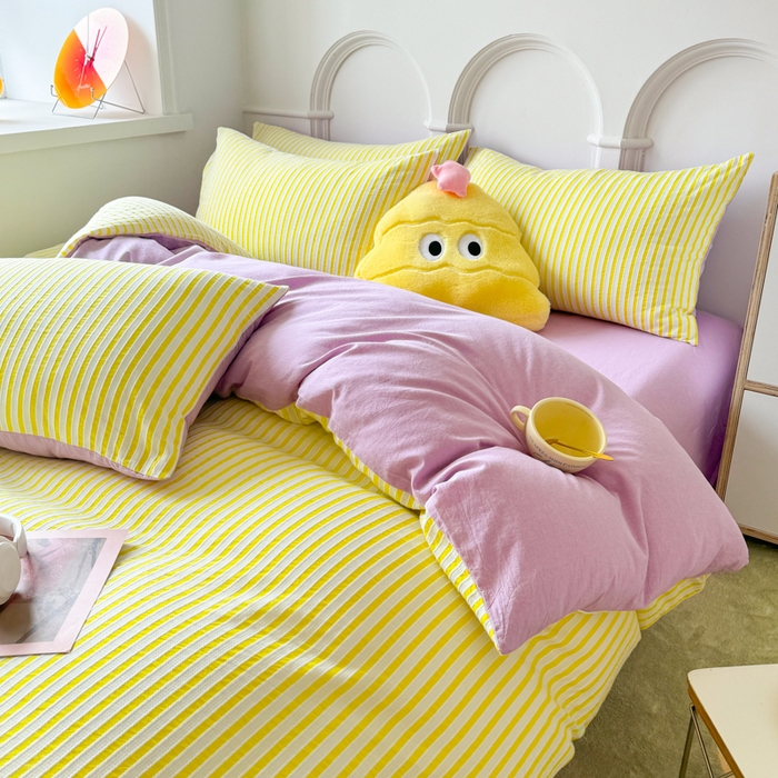 91家纺网 家纺一手货源 找家纺 千朵 2024新款色织提花水洗棉四件套 靓黄紫