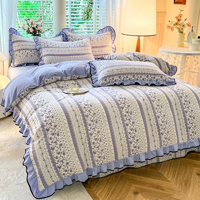 91家纺网 家纺一手货源 找家纺 韩约家纺 2024秋冬加厚1针织棉时尚花边款四件套 青花