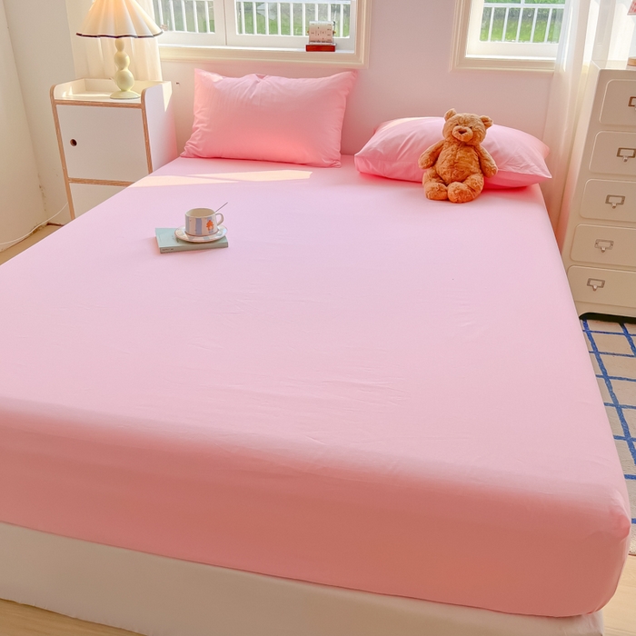 91家纺网 家纺一手货源 找家纺 韩巢家纺 2024新款A类纯色良品格子水洗棉床笠单件全包围防滑床单床罩保护套 A类粉色-床笠