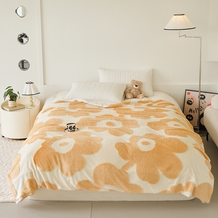 91家纺网 家纺一手货源 找家纺 恋佳居 2025新款太阳花舒棉绒被套毯 奶油橘