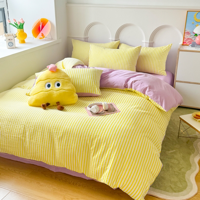 91家纺网 家纺一手货源 找家纺 千朵 2024新款色织提花水洗棉四件套 靓黄紫