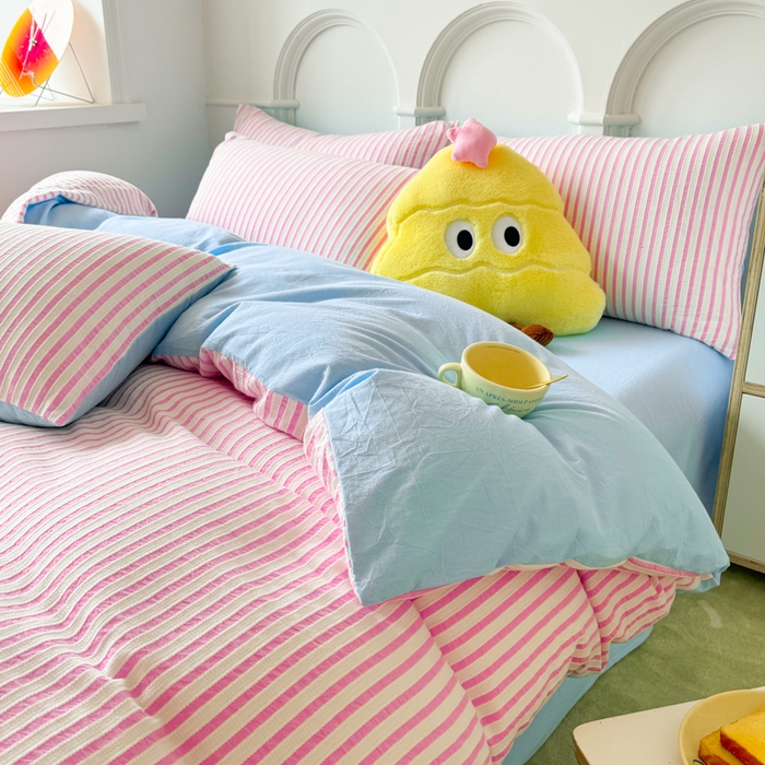 91家纺网 家纺一手货源 找家纺 千朵 2024新款色织提花水洗棉四件套 粉蓝